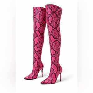 Hot Pink Snakeskin Print Thigh High Boots